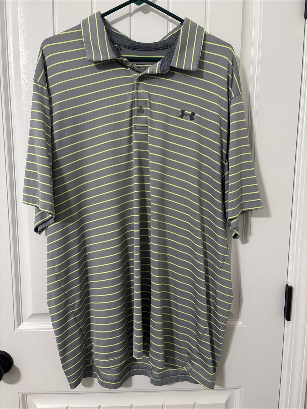 Under Armour Men’s Gray Polo with Neon Green Stripes